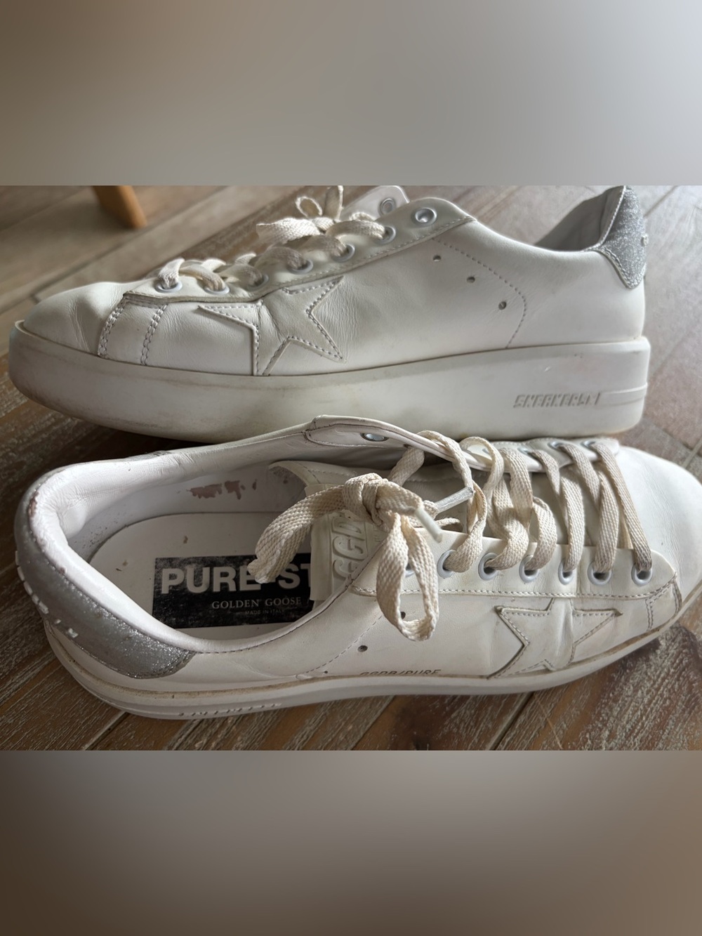 Golden Goose White Leather Platform Sneakers with Silver Heel